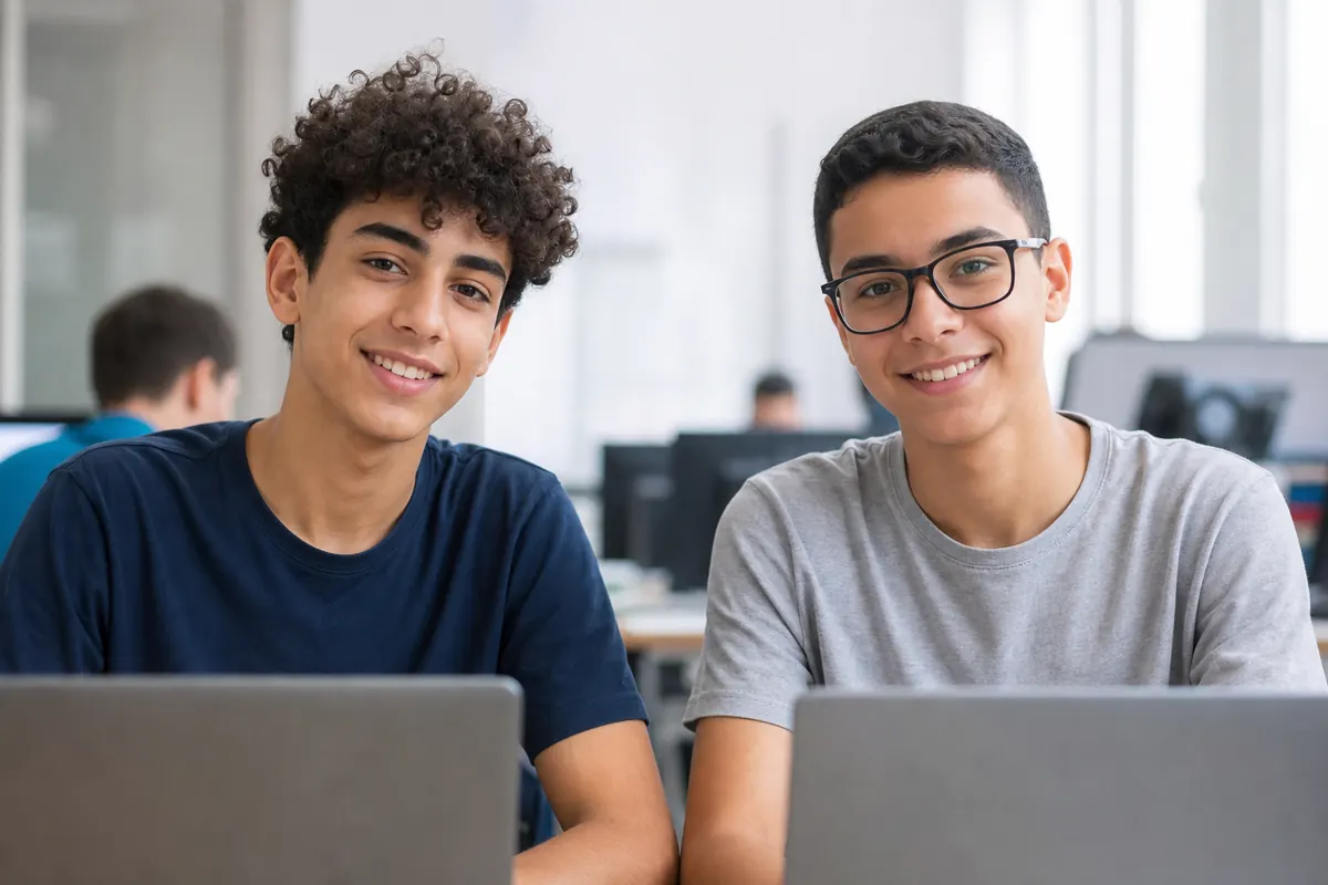 Group of young people creating a digital project during the summer